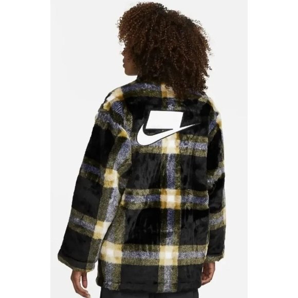 Nike Sportswear Oversized Plaid Faux Fur Jacket Coat Womens Sz XL NEW DD4541-010 - Picture 2 of 15